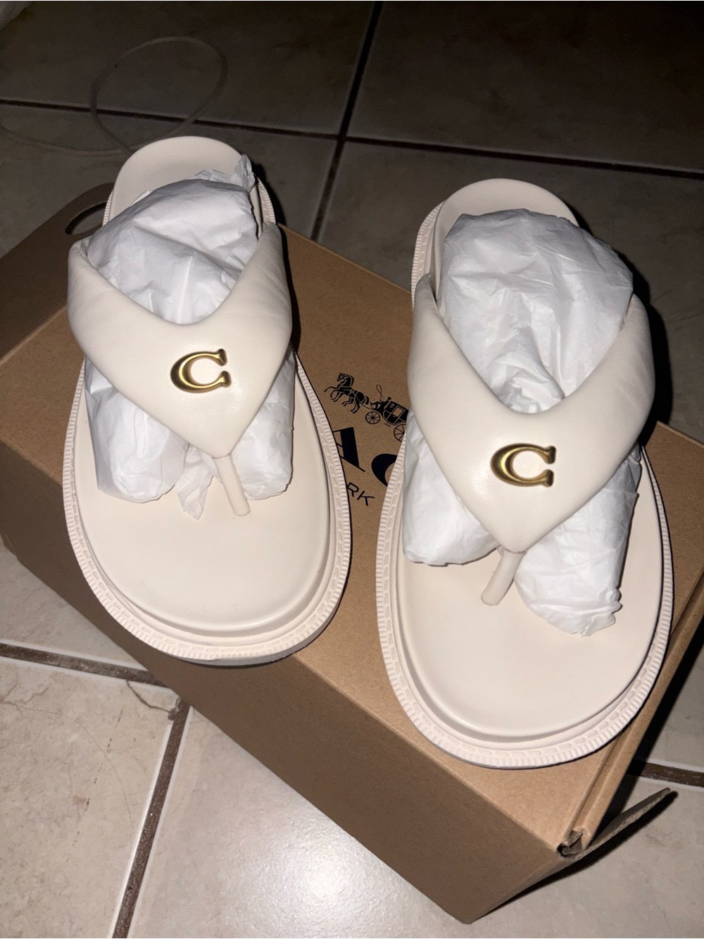 Coach Cream Thong Sandals with Gold 'C' Accent